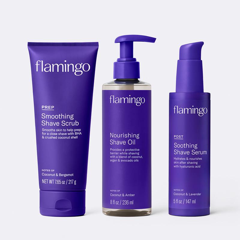 Flamingo Glow Shave Collection | 3 Step Shaving Trio | Prep Scrub, Nourishing Shave Oil and Soothing Post Shave Serum