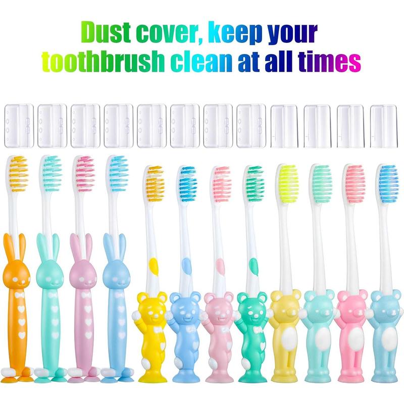 12 Pcs Toddler Toothbrush for Age 2 and Above Kids Children Manual Toothbrush Set Soft Contoured Bristles Boys and Girls Cute Colorful Toothbrush with Suction Cup for Storage