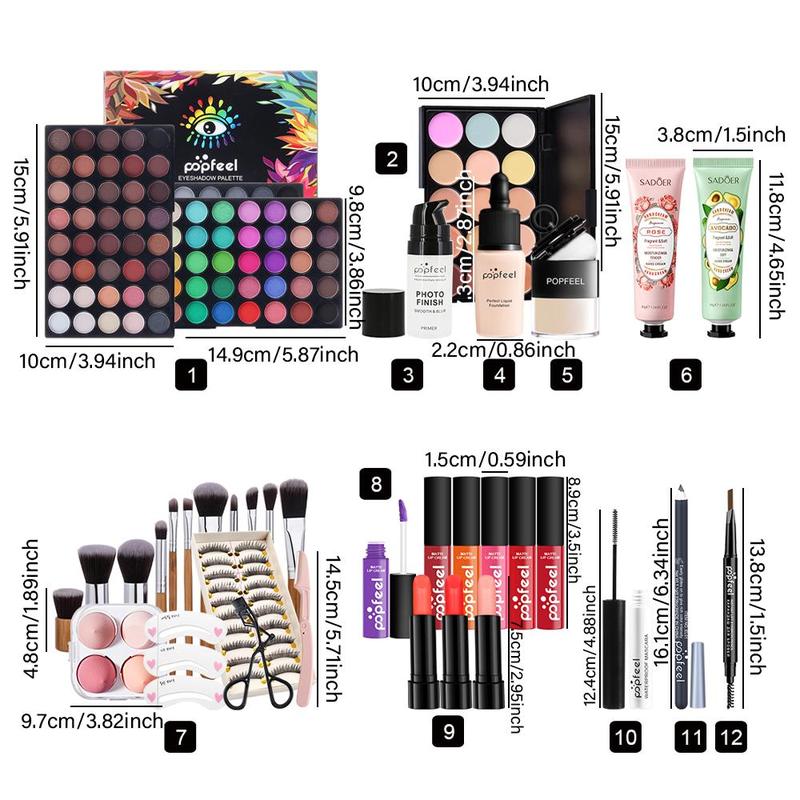 Makeup Set, 1 Set Including Eyeshadow, Eyelash Curlers, Eyebrow Pencils, Hand Cream, Lipstick, Eyeliner, Makeup Pads, Puffs, Makeup Brushes, Eyebrow Stencils,For Mother's Day Makeup Sets Christmas Gifts