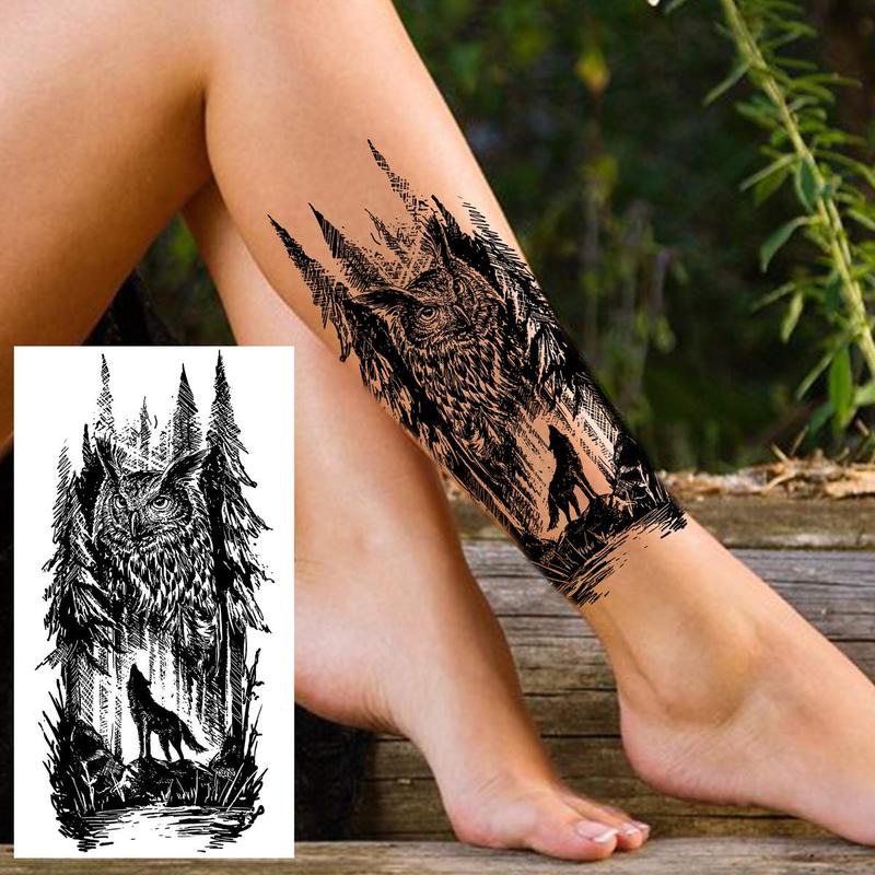 3D Wolf & Owl & Forest Pattern Tattoo Sticker, 1 Count Durable Arms & Legs Tattoo Stickers, Body Decoration for Men & Women