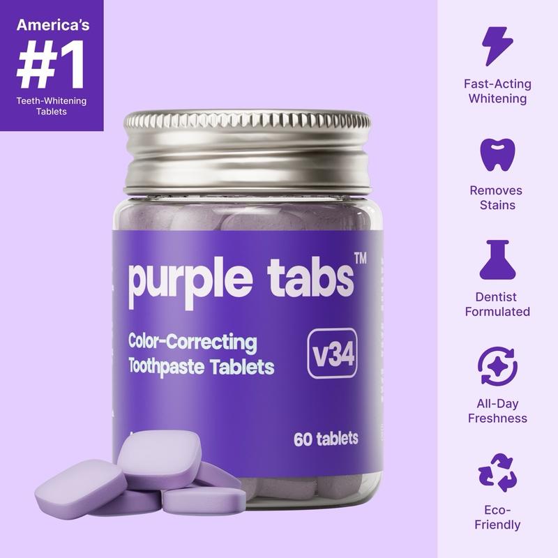 Purple Tabs Color-Correcting Toothpaste Tablets Oral Hygiene Teeth-Whitening Chewable Fresh Breath Radiant Nobs Brightening Cleansing Brighten Brush