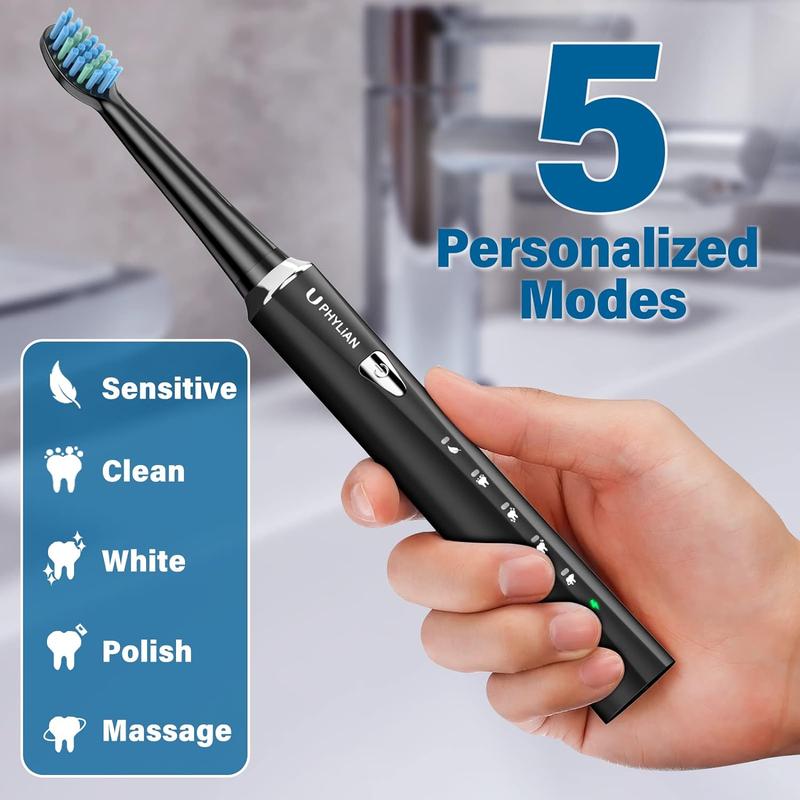 PHYLiAN PRO Sonic Electric Toothbrush for Adults - Rechargeable Electronic Toothbrushes with 5 Modes and 8 Brush Heads, Electronic Toothbrush with timer - Black Friday Cyber Monday and Christmas gift