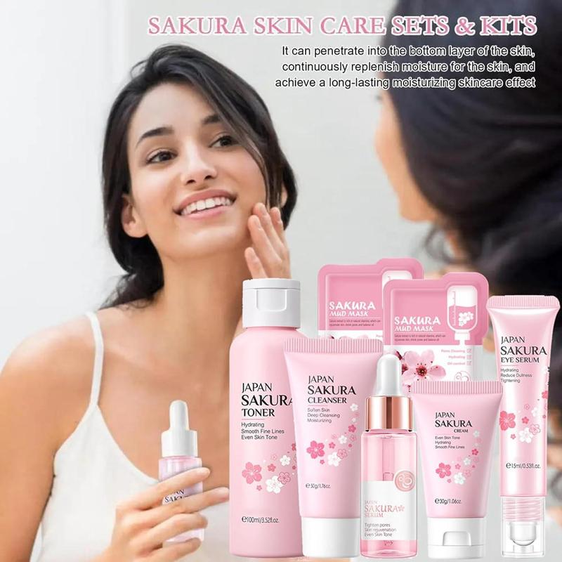 Sakura Skin Care Kit, 7 Counts set Facial Cleanser, Face & Eye Serum, Face Cream, Toner, Mud Mask, Skin Care Routine Kit for Women