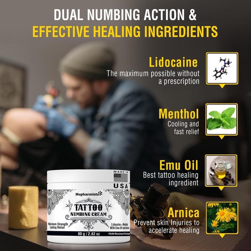 Tattoo Numbing Cream: Maximum Strength Lidocaine & Menthol for Long-Lasting Pain Relief During Tattoos, Piercings, and Waxing for All Skin Types