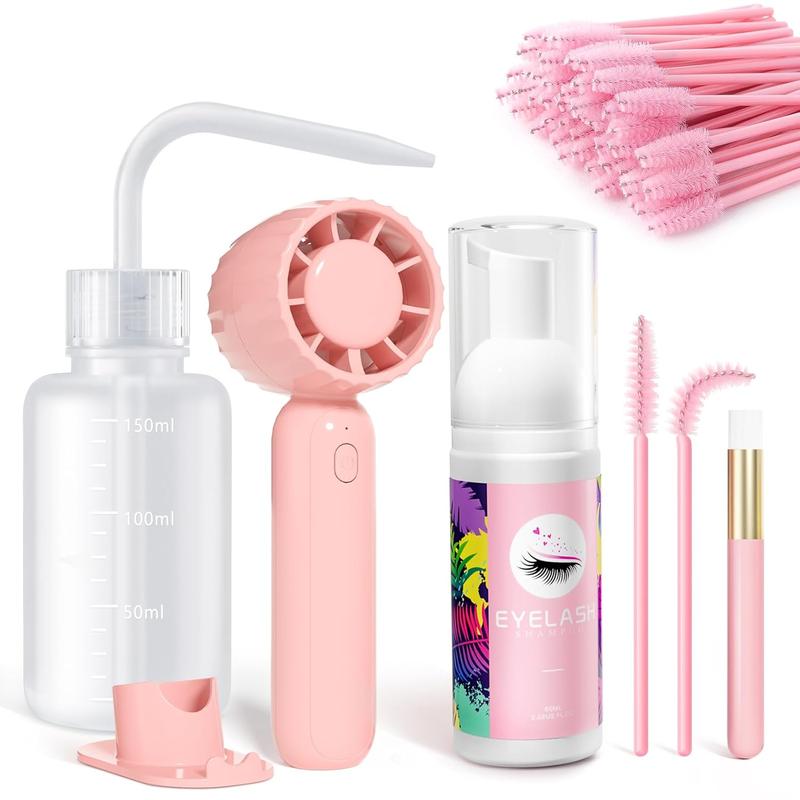 Lash Cleaning Kit-Eyelash Extension Cleanser for Extensions 60ML Lash Shampoo with Rechargeable Handheld Lash Fan Dryer Mascara Brush Rinse Bottle Daily