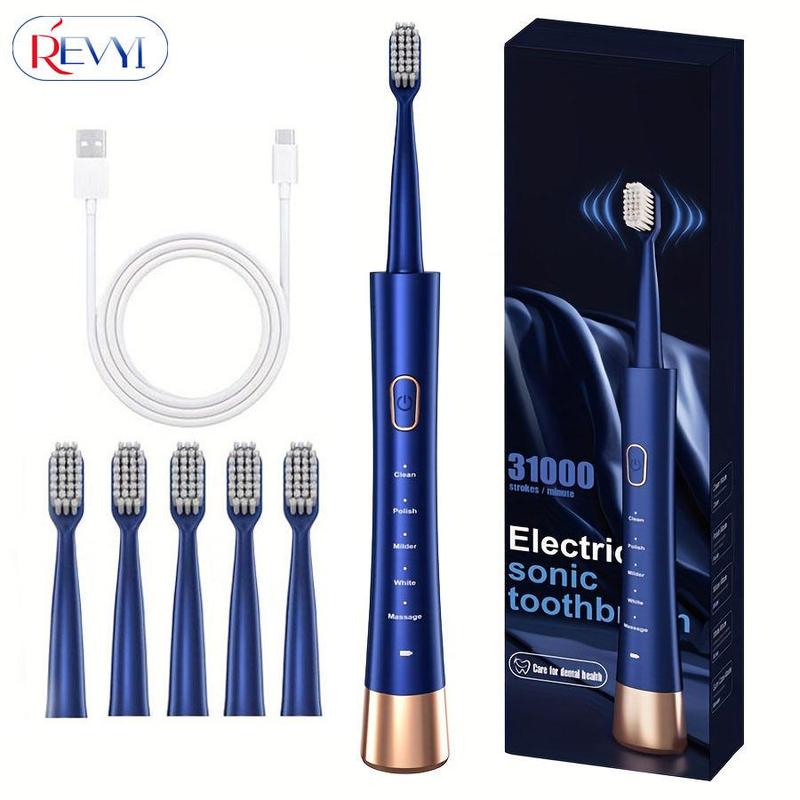 Electric Toothbrush Set, 1 Box Ultrasonic Electric Toothbrush with 6 Counts Brush Heads, Waterproof Oral Care Toothbrush for Home & Travel