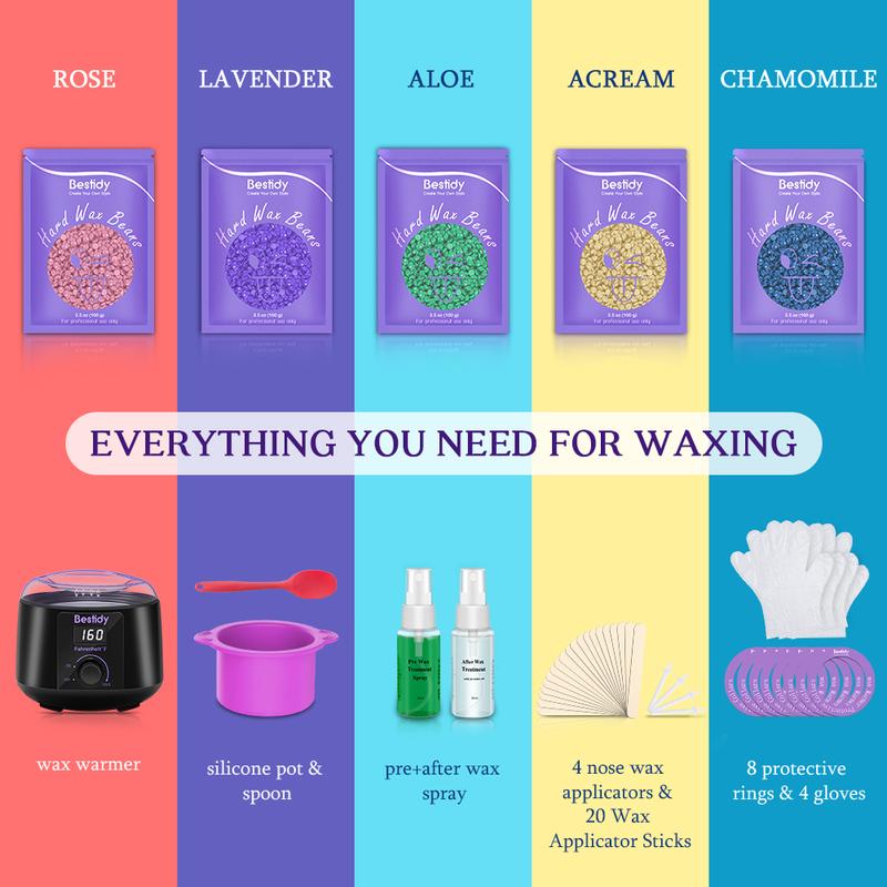 Bestidy Waxing Kit for Women and Men Home Wax Warmer with 5 Pack Hard Wax Beads Hot Wax Hair Removal for Brazilian Body Underarm Bikini Chest Legs Face Eyebrow