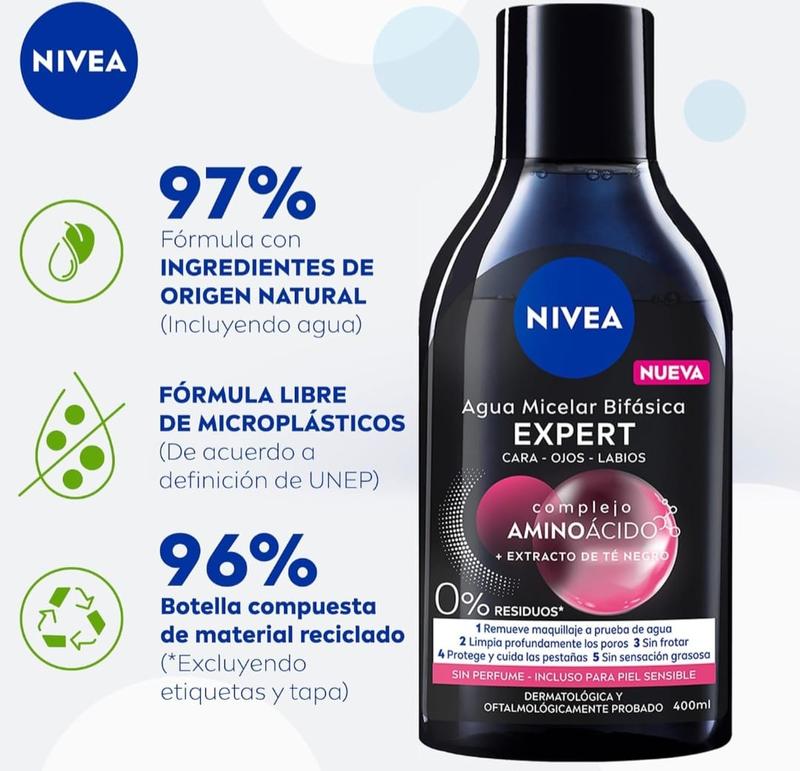 NIVEA Expert Micellar Cleansing Water (400 ml) - Vegan Formula with Amino Acid Complex, Removes Waterproof Makeup, Cleanses and Refreshes the Skin - Ideal for Sensitive Skin Facial Skincare Skin Repair Comfort Cleanser Facial Cleansing Facial Wash