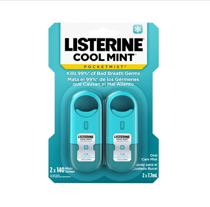 Listerine Cool Mint Pocketmist, Oral Care Mist for Fresh Breath, Non-Aerosol Sugar-Free Bad Breath Refresher Spray to Kill 99 of Bad Breath Germs, Portable, Cool Mint Flavor, 2 x 7.7 mL spray bucal