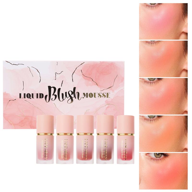 HANDAIYAN Pack of 5 Colors Mousse Liquid Blush Set Gift Set, Mousse Liquid Blusher With Sponge Tip, Easy to Apply on Cheek, Creating 3D Natural Makeup