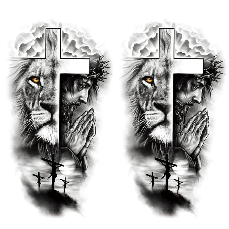 2 Sheets Waterproof Forest Lion Jesus Cross Old School Arm Leg Temporary Tattoo