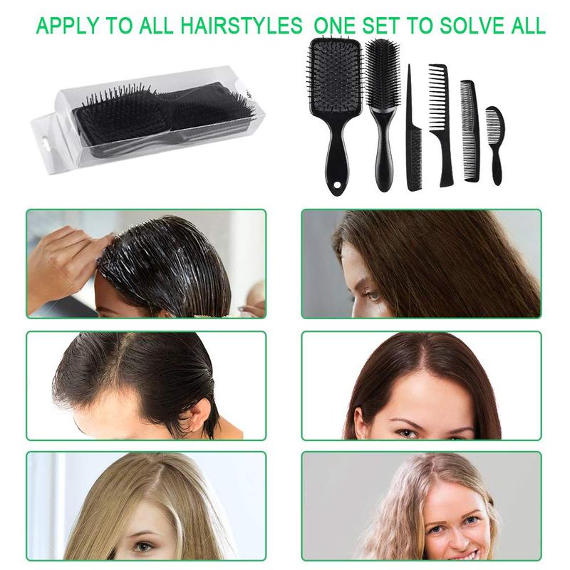 6 count Hair Brush Comb Set Paddle Brush Detangle Hair Brush and Black Combs for Men and Women Wet, Dry, Curly and Straight Hair