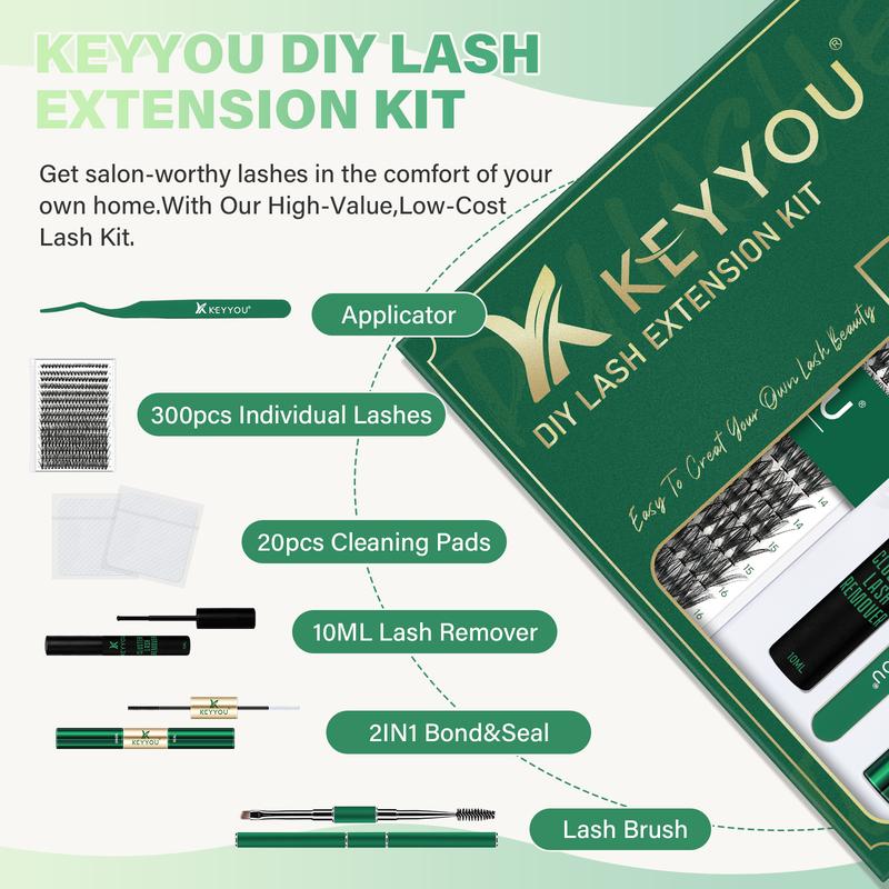 BlackFriday KEYYOU DIY Lash Extensions Kit Individual Lash Clusters Kit Volume Waterproof Long-Lasting Soft  300Pcs D Curl Easy to Use for Beginners