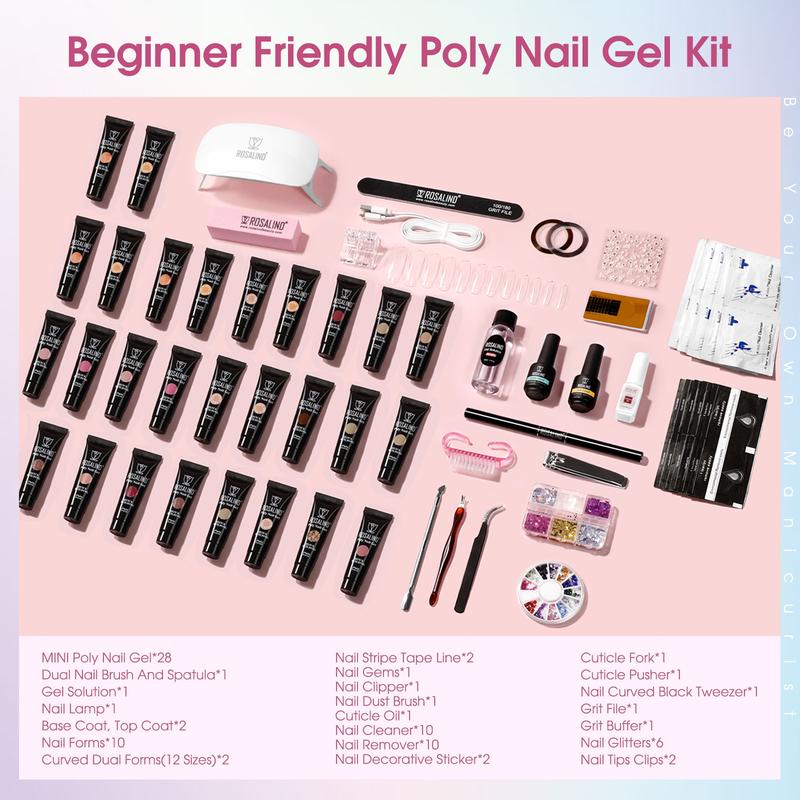 ROSALIND Poly Nail Gel Kit, 28 Colors Clear Nude Brown Poly Nail Gel Kit with U V Light Poly Nail Gel Starter Kit For All Seasons Beginner DIY at Home