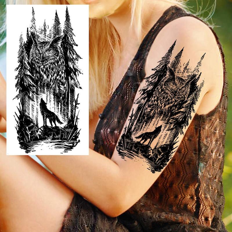 3D Wolf & Owl & Forest Pattern Tattoo Sticker, 1 Count Durable Arms & Legs Tattoo Stickers, Body Decoration for Men & Women