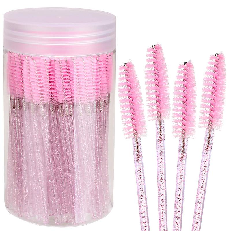 100 count Disposable Mascara Brushes with Container, Mascara Wands Makeup Brushes Applicators Kits for Eyelash Extensions and Eyebrow Brush (Crystal Pink)