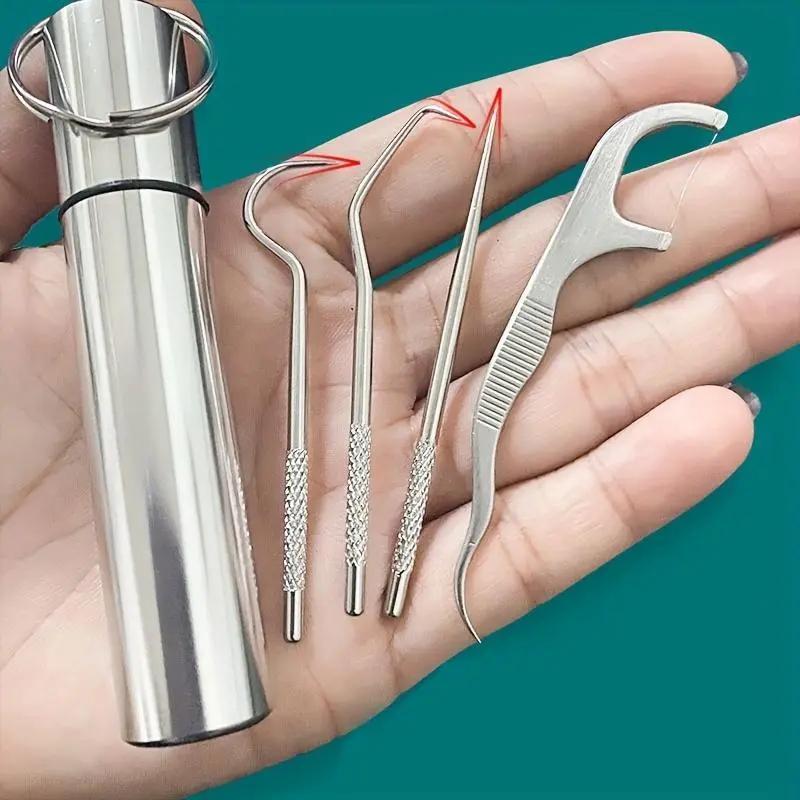 Portable Dental Floss & Picks Set, 4 Counts Stainless Steel Dental Floss Set, Multifunctional Dental Flosses, Oral Care Products for Home & Travel, Christmas Gift