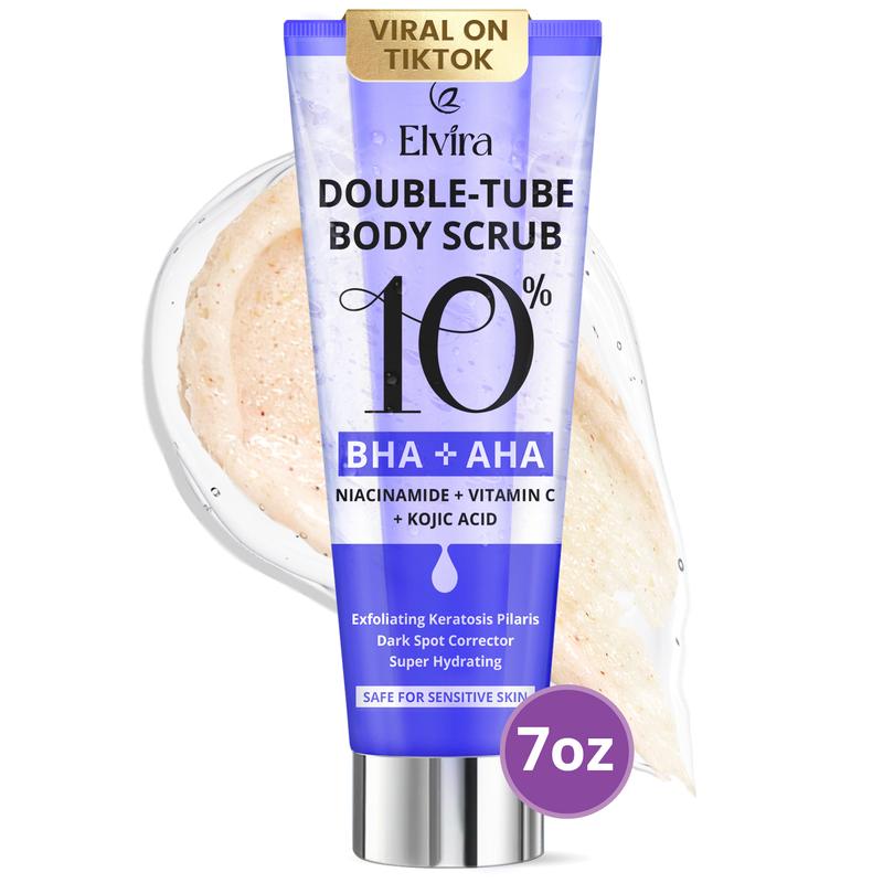 Elvira Double-Tube Body Scrub - Inner Tube with 10% AHA & BHA to Exfoliate Keratosis Pilaris and Reduce Bumps, Outer Tube with Niacinamide to Hydrate & Smooth Skin, Paraben & Sulfate-Free; 7 oz Body Care Skin Repair Skin Care