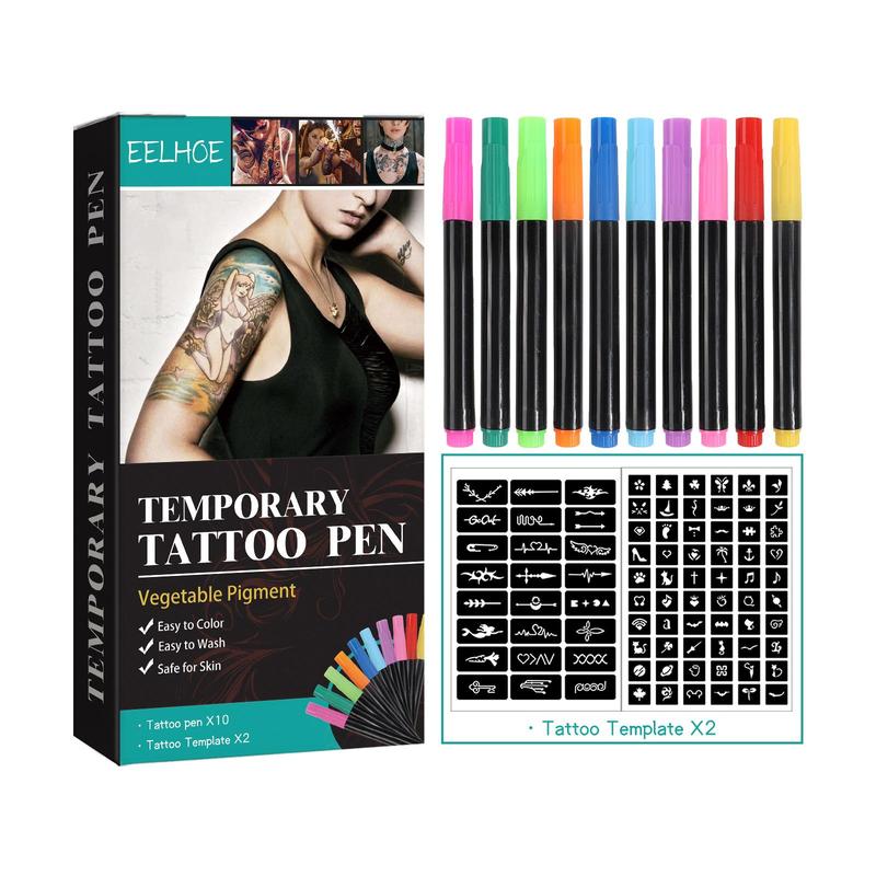 DIY Temporary Tattoo Pen Set, 10pcs Multipurpose Body Paint Pen & 2 Counts Tattoo Templates, Body Art Painting Pen for Women & Men