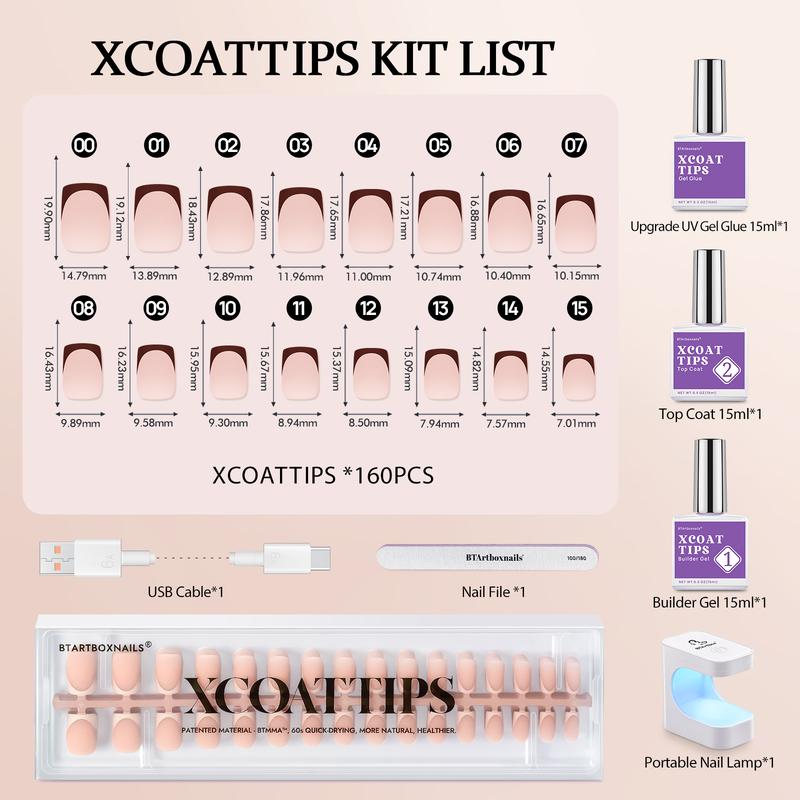 btartboxnails XCOATTIPS French Gel Nails - Skin Tones French Tip Press on Nails, Long Square Nail Tips with Nail Gel, French Protecting Duo, Nail Lamp, All in One Soak Off Acrylic Fake Nail Extension