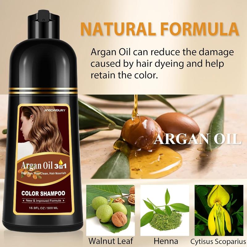 3-in-1 Hair Dye Shampoo Light Brown, Argan Oil Hair Color Shampoo for Gray Hair, Brown Instant Dye Shampoo for Women & Men, Natural Plant Hair Dye Kit Colors Hair in Minutes, Long-Lasting, Easy to Use Haircare