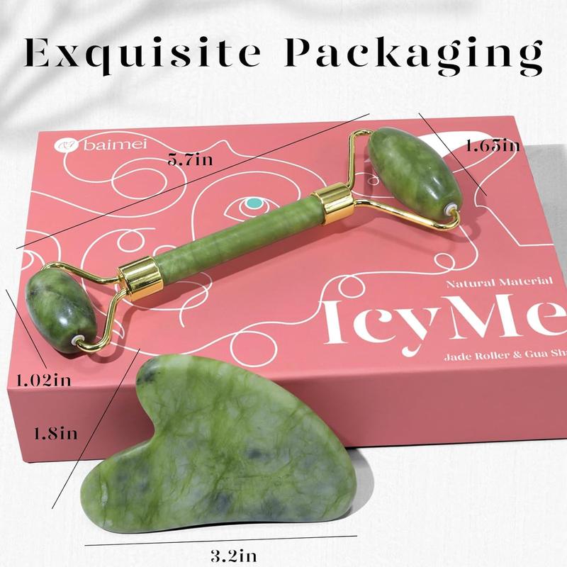 IcyMe Gua Sha & Jade Roller Facial Tools Face Roller and Gua Sha Set for Puffiness and Redness Reducing Skin Care Routine, Self Care Gift for Men Women - Green