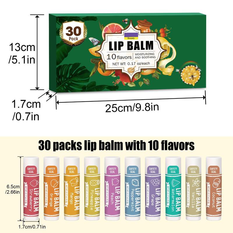 30 Pack Lip Balm, Natural Lip Balm Bulk, Lip Care Product, Moisturizing Lip Balm for dry cracked lips - 10 Flavors