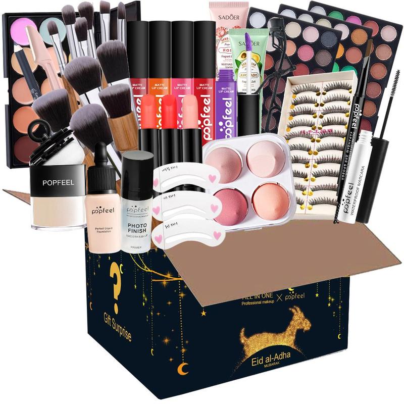 Makeup Set, 1 Set Including Eyeshadow, Eyelash Curlers, Eyebrow Pencils, Hand Cream, Lipstick, Eyeliner, Makeup Pads, Puffs, Makeup Brushes, Eyebrow Stencils,For Mother's Day Makeup Sets Christmas Gifts