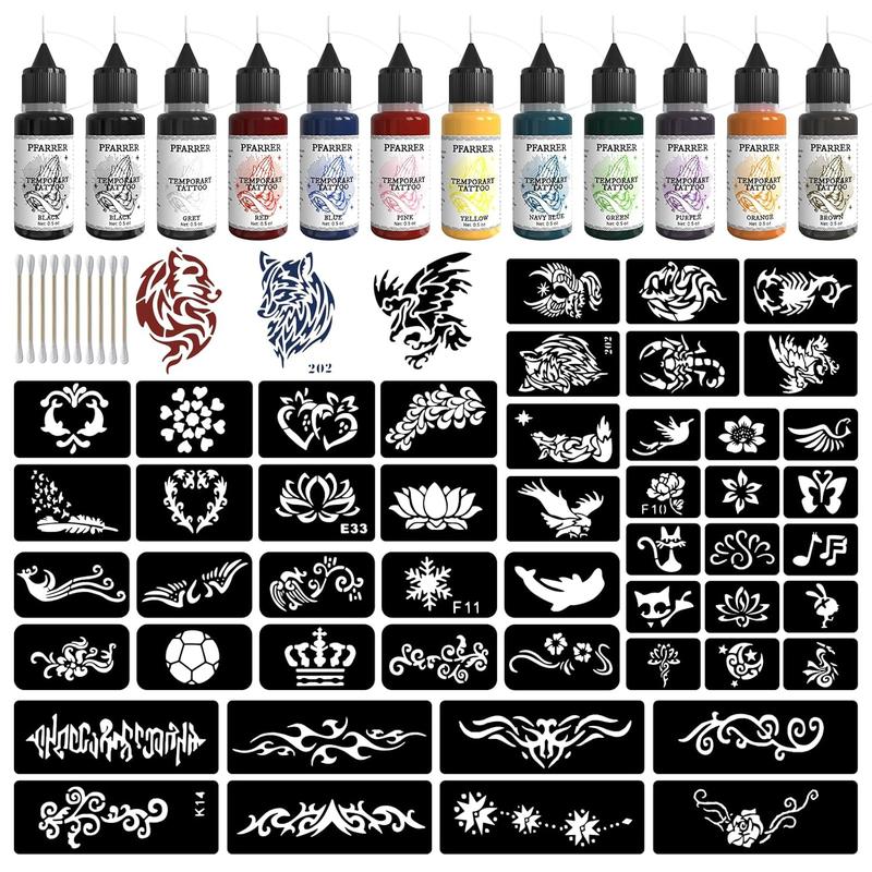 Temporary Tattoo Kit12 Bottles Color Temporary Tattoo Ink,49 Big Pcs Stencils Kit for Body Paint DIY Fake Tattoos for Kids(Black*2,Red,Green,Blue,Pink,Grey,Navy,Yellow,Purple,Brown,Orange)