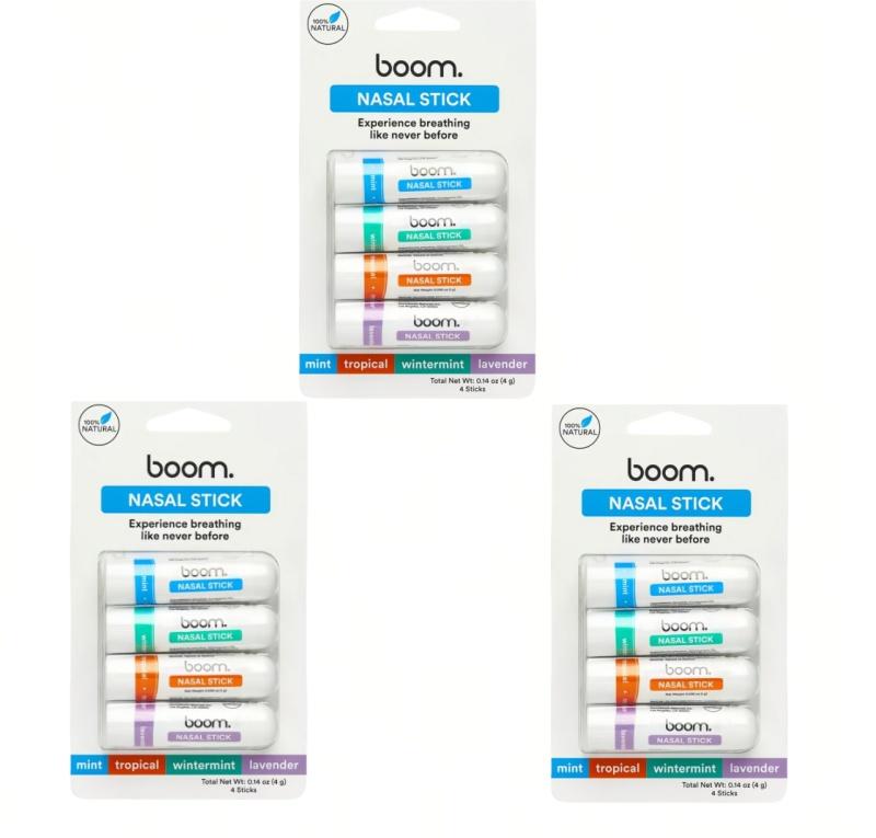 boom nasal stick (4 Pack) | Enhance  with Essential Oils + Menthol (Mint, Wintermint, Tropical) Enhanced