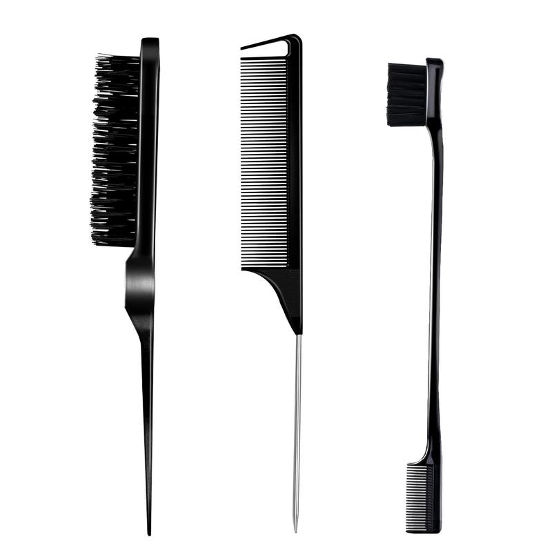  3 Count Comb Set for Teasing Edge and Back Brushing Rat Tail and Edge Combs Hair Stick for Styling Women's Haircare (Black)