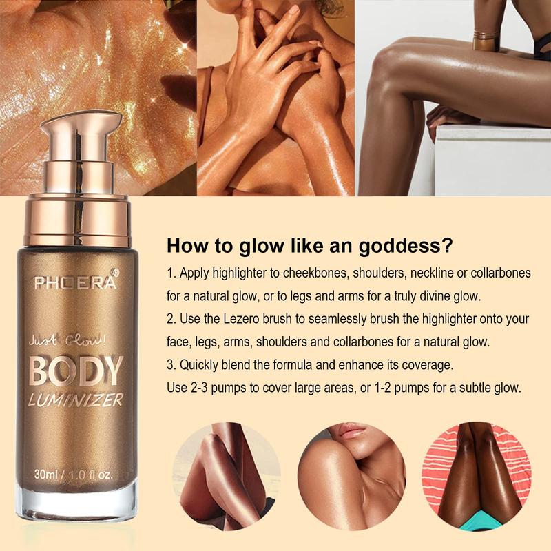 Body Shimmer Oil, Waterproof Long Lasting Moisturizing Body Luminizer Glow For Face , Liquid Illuminator Highlighter 1oz Jars, Makeup Brush Include