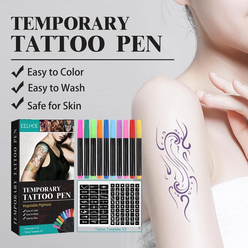 DIY Temporary Tattoo Pen Set, 10pcs Multipurpose Body Paint Pen & 2 Counts Tattoo Templates, Body Art Painting Pen for Women & Men