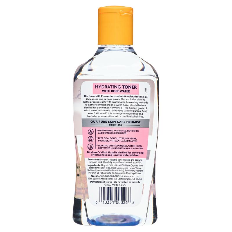 Dickinson's Enhanced Witch Hazel Hydrating Toner with Rosewater, Alcohol Free, 98% Natural Formula, 16 Fl. Oz. Skincare Aloe Hyaluronic Cleansing