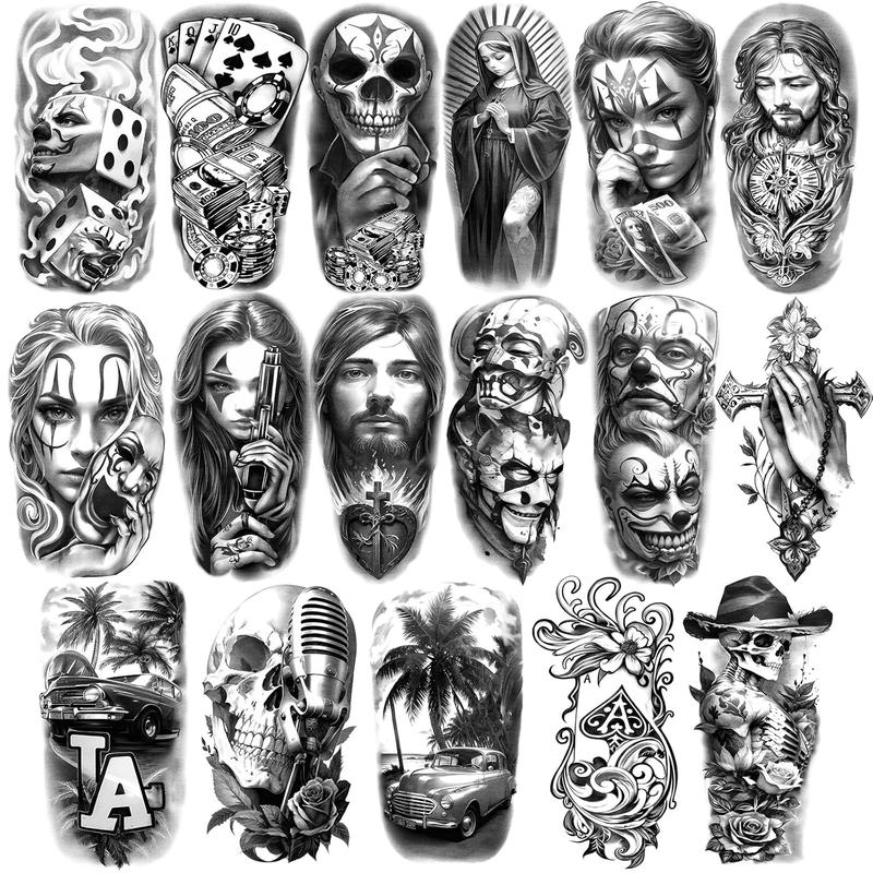 Waterproof Temporary Tattoos For Adult, Chicano Large Fake Tattoo Guadalupe Gangster Prisoner Day of the Dead, Lowrider Style Culture Mexico Clown 77 sheets Tattoo Stickers for Men Women