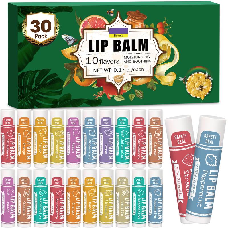 30 Pack Lip Balm, Natural Lip Balm Bulk, Lip Care Product, Moisturizing Lip Balm for dry cracked lips - 10 Flavors