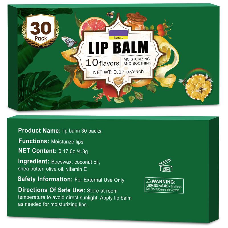 30 Pack Lip Balm, Natural Lip Balm Bulk, Lip Care Product, Moisturizing Lip Balm for dry cracked lips - 10 Flavors