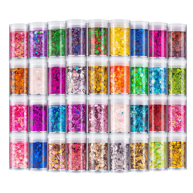 Holographic Chunky Glitter, Set of 36 Colors Craft Glitter Sparkle Sequins, Cosmetic Glitter Flake for Epoxy Resin, Body, Face, Eye, Nail Arts, Slime Making, Wedding Festival Party Decoration