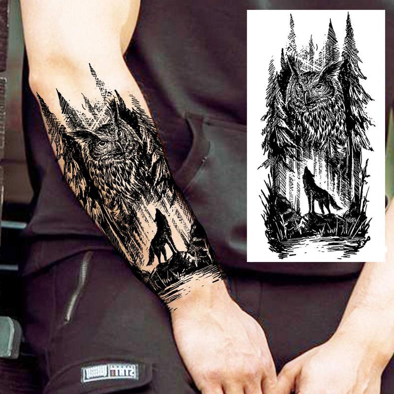 3D Wolf & Owl & Forest Pattern Tattoo Sticker, 1 Count Durable Arms & Legs Tattoo Stickers, Body Decoration for Men & Women