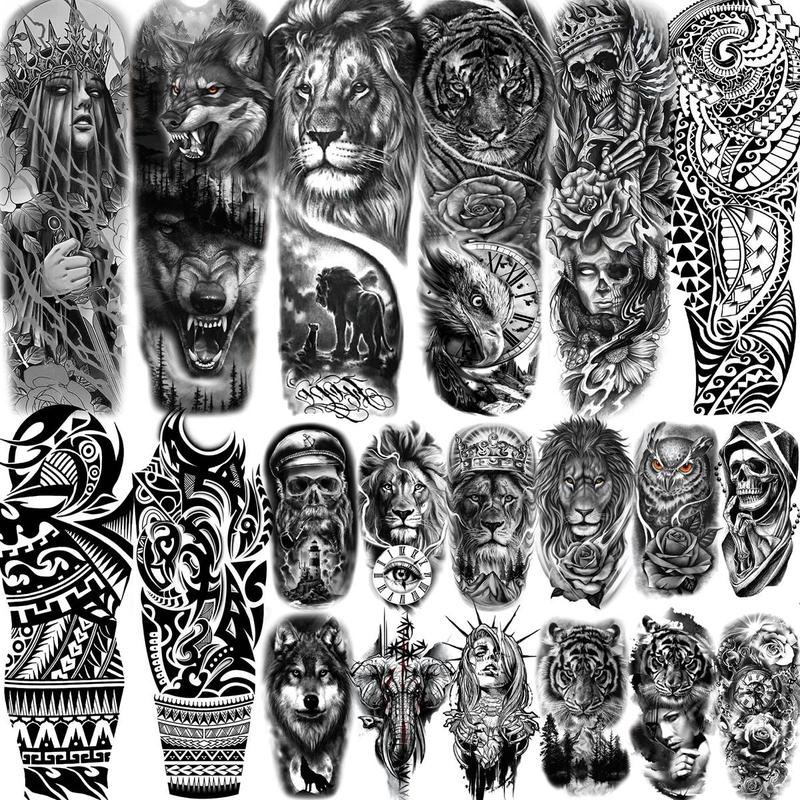 Lion & Skull Pattern Temporary Tattoo Sticker, Self Adhesive Fake Tattoo Sticker, Body Art Decoration for Men & Women, Party Supplies, Tattoo Cardigan