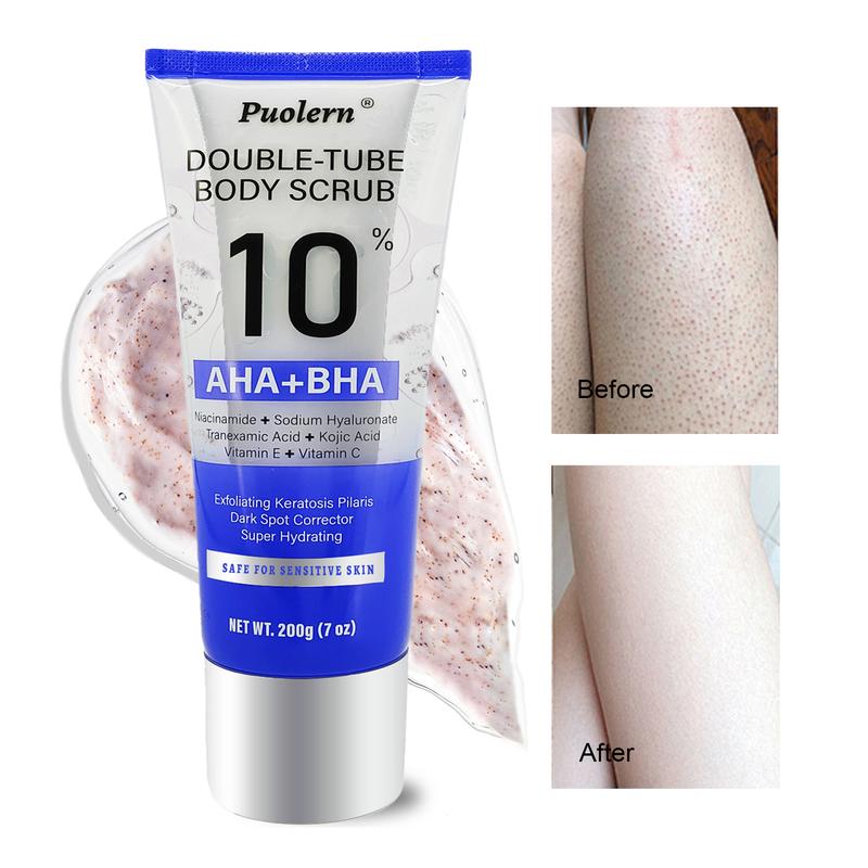 Puolern Double-Tube Body Scrub - Inner Tube with 10% AHA & BHA to Exfoliate Keratosis Pilaris and Reduce Bumps, Outer Tube with Niacinamide to Hydrate & Smooth Skin, Paraben & Sulfate-Free; 7 oz Body Care Skin Repair Skin Care