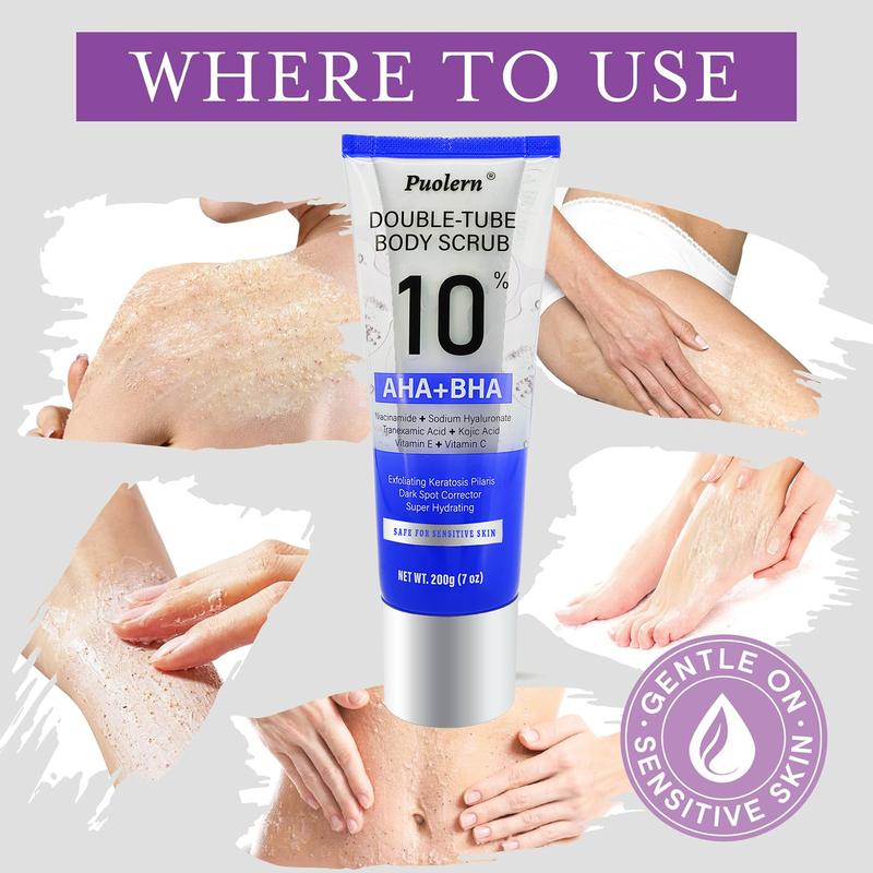 Puolern Double-Tube Body Scrub - Inner Tube with 10% AHA & BHA to Exfoliate Keratosis Pilaris and Reduce Bumps, Outer Tube with Niacinamide to Hydrate & Smooth Skin, Paraben & Sulfate-Free; 7 oz Body Care Skin Repair Skin Care