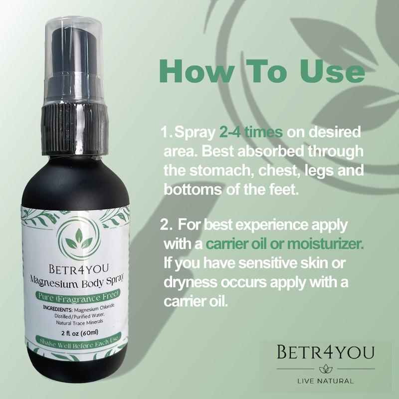 Betr4You - Topical Magnesium Body Spray Refill Bundle - 8oz Refill Funnel 2 oz Spray Bottle