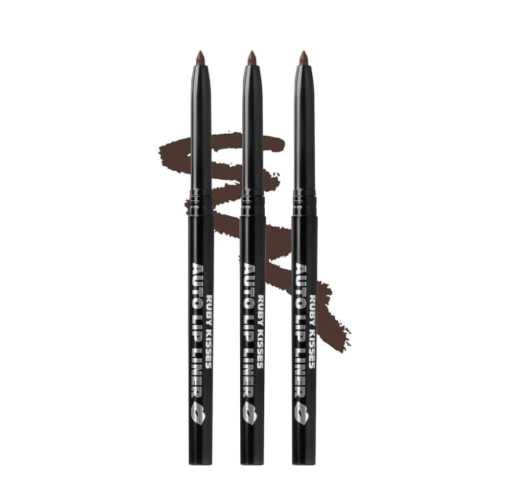 Ruby Kisses Auto Lip Liner Pencil, Long Lasting & Non-Fading, Smooth Application, Non-Feathering with Rich Color, No Sharpener Needed, Ideal for Full Lips Look (Dark Brown) (3 PACK)