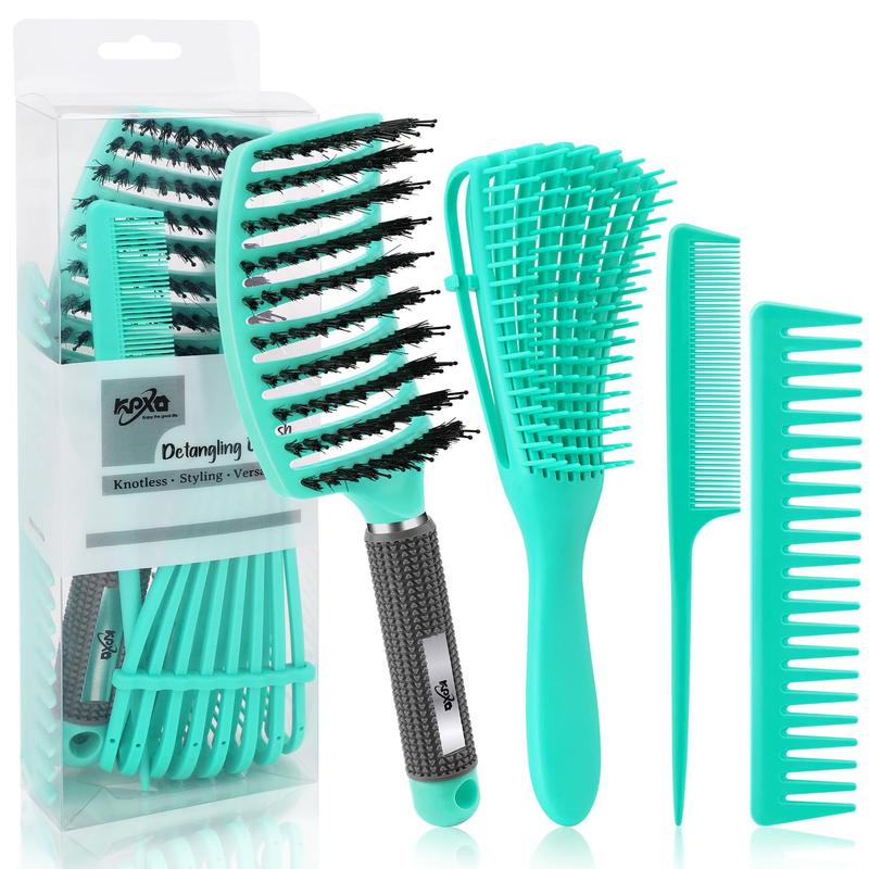 4pcs Curly Hair Brush Set for Adult & Kids Wet or Dry, Detangling & Wide Tooth Comb with Hair Detangler (4, Green)