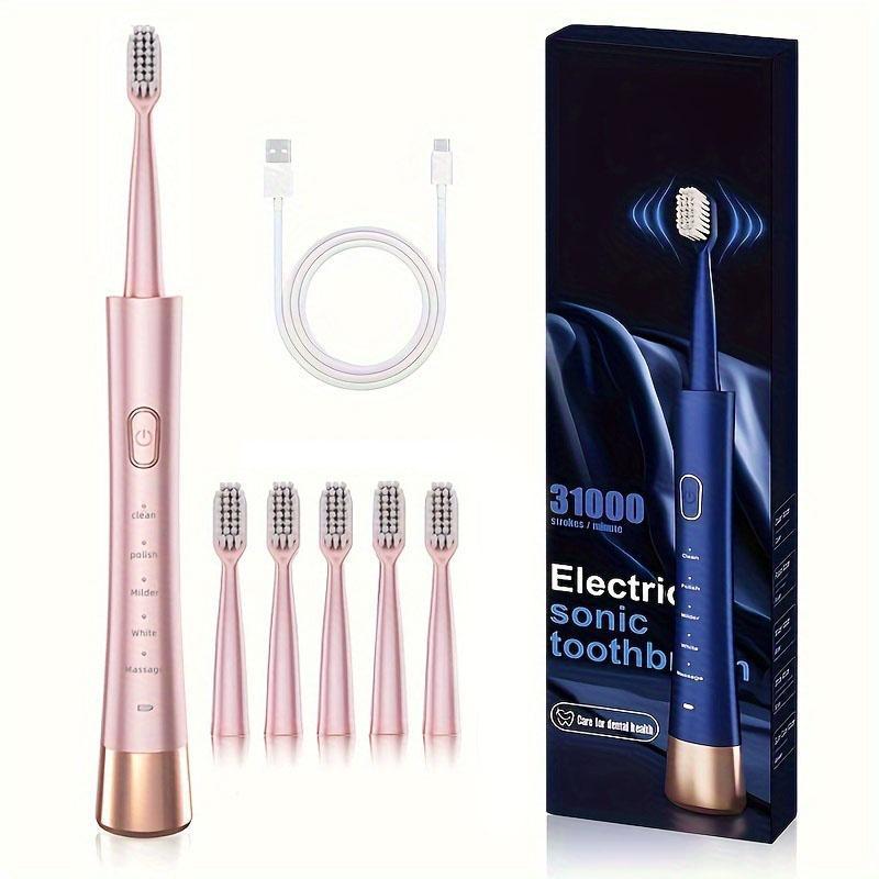 Electric Toothbrush Set, 1 Box Ultrasonic Electric Toothbrush with 6 Counts Brush Heads, Waterproof Oral Care Toothbrush for Home & Travel