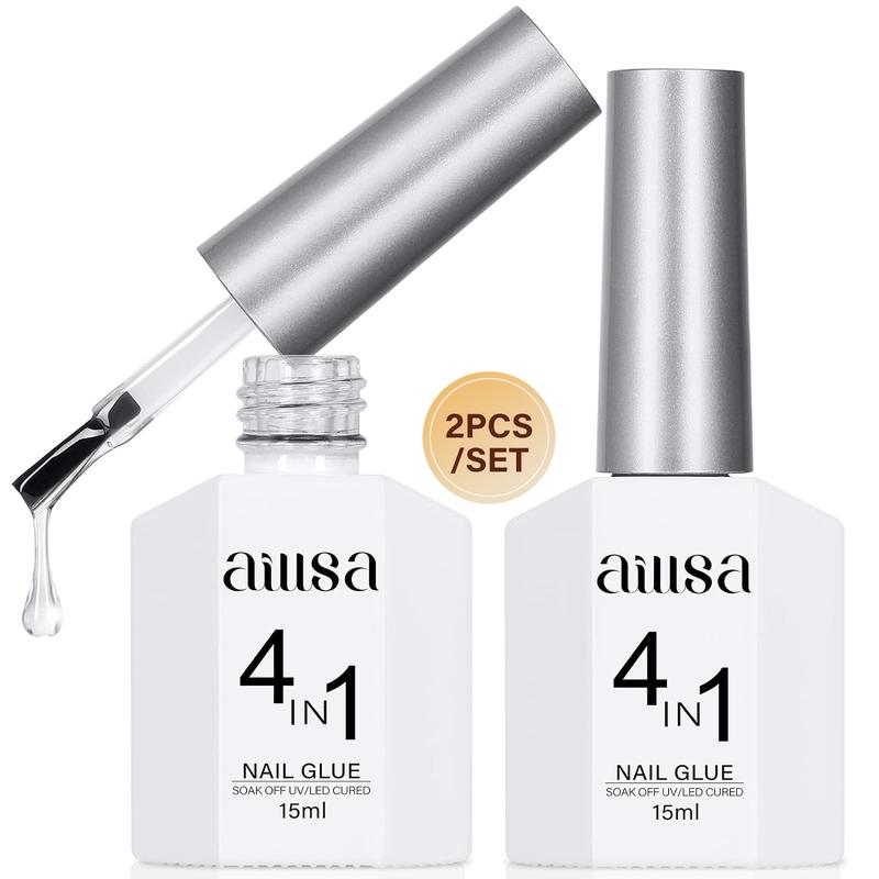 AILLSA 4 in One Nail Glue Base Coat Nail Polish Set Brush On Gel Nail Glue 2*15 ml for Rhinestone, False Nails, Base Gel, Chrome Nail, Acrylic Nail Tips UV Light Need, High Capacity Gel Extension Brush On Nail Glue Fall Nail art Trend  Gift for Women