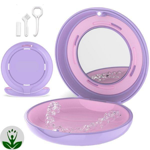 Retainer Case with Mirror and Adjustable Vent Holes, Cute Slim Aligner Case Compatible with Invisalign, Night Mouth Guard Case, Retainer Holder with Retainer Remover Tool, Chew & Brush, Purple