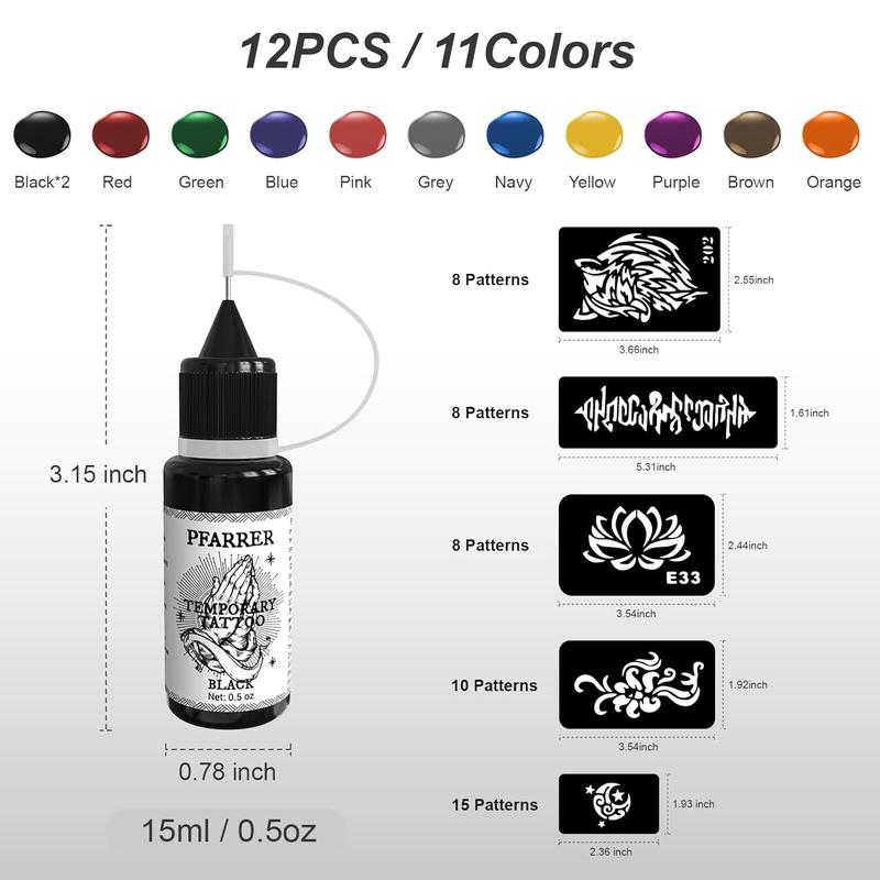 Temporary Tattoo Kit12 Bottles Color Temporary Tattoo Ink,49 Big Pcs Stencils Kit for Body Paint DIY Fake Tattoos for Kids(Black*2,Red,Green,Blue,Pink,Grey,Navy,Yellow,Purple,Brown,Orange)