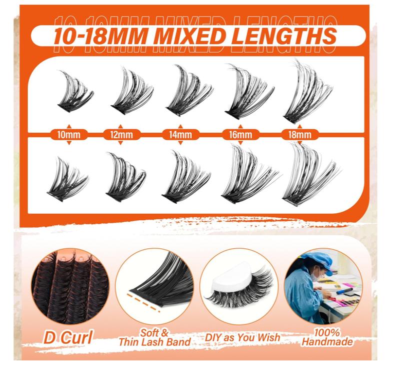 Mavphnee Fluffy Lash Extensions Kit 280Pcs Cluster Eyelash Extensions Thick D Curl Lash Clusters Volume 10-18MM DIY Individual Lashes Kit with Bond and Remover, Eyelash Tweezers(60D&80D 0.07D)